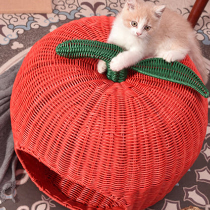 Contemporary Creative Apple-Shaped PP/PE Rattan Velvet Cat Bed With Toy Ball For Bedroom