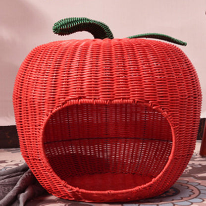 Contemporary Creative Apple-Shaped PP/PE Rattan Velvet Cat Bed With Toy Ball For Bedroom