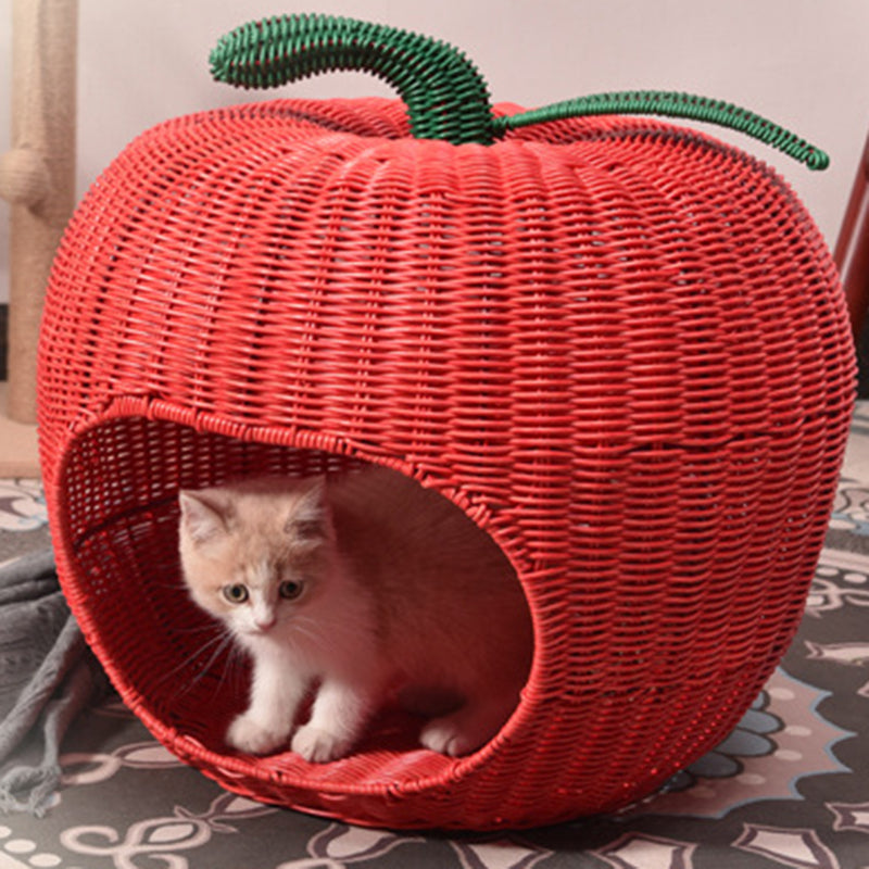 Contemporary Creative Apple-Shaped PP/PE Rattan Velvet Cat Bed With Toy Ball For Bedroom