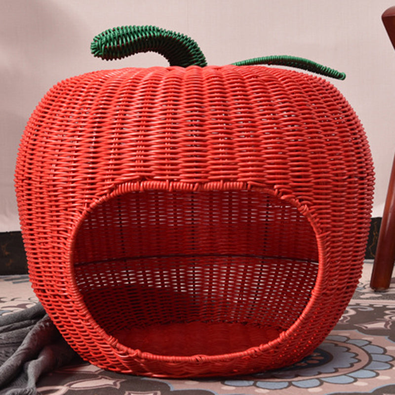 Contemporary Creative Apple-Shaped PP/PE Rattan Velvet Cat Bed With Toy Ball For Bedroom