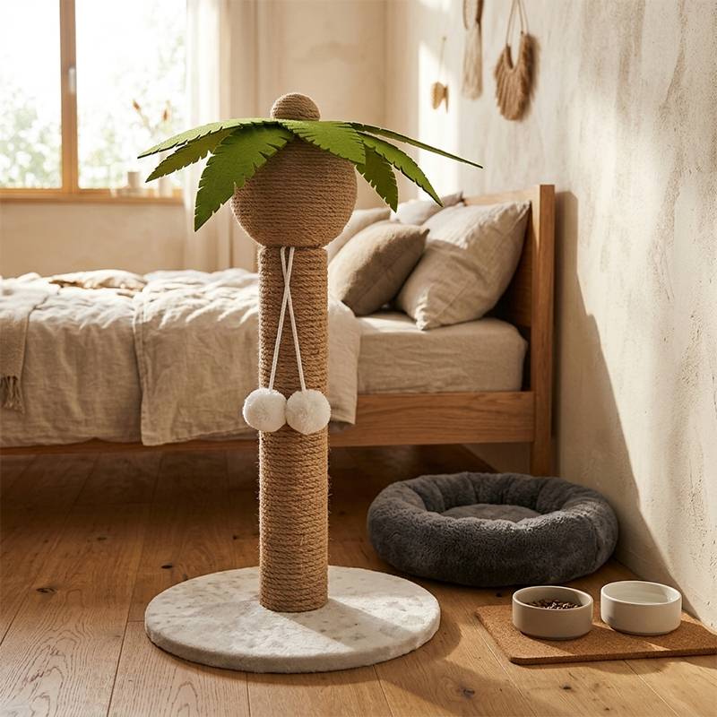 Contemporary Creative Coconut Tree-Shaped Sisal Felt Paper Tube Medium Density Fiberboard Velvet Cat Scratching Post Toy Ball For Living Room
