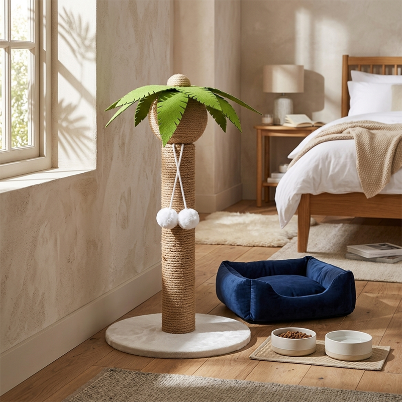 Contemporary Creative Coconut Tree-Shaped Sisal Felt Paper Tube Medium Density Fiberboard Velvet Cat Scratching Post Toy Ball For Living Room