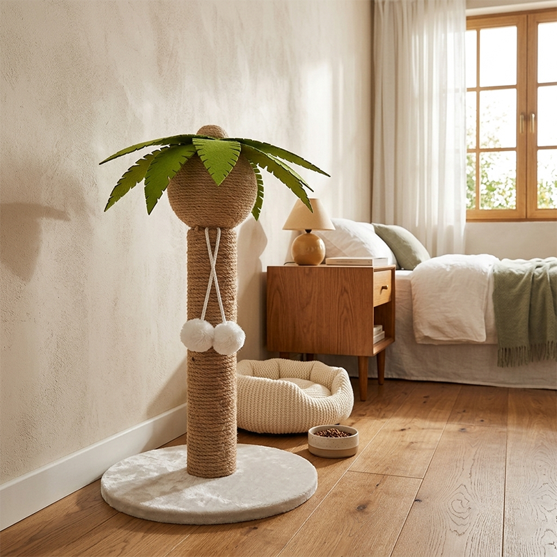 Contemporary Creative Coconut Tree-Shaped Sisal Felt Paper Tube Medium Density Fiberboard Velvet Cat Scratching Post Toy Ball For Living Room