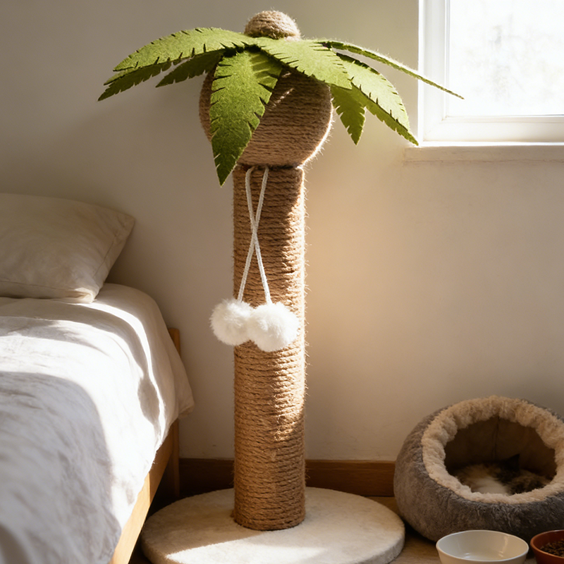 Contemporary Creative Coconut Tree-Shaped Sisal Felt Paper Tube Medium Density Fiberboard Velvet Cat Scratching Post Toy Ball For Living Room