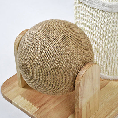 Modern Minimalist Cylindrical Sisal Teddy Fleece Rubberwood Plywood Cat Scratching Post Toy Ball For Living Room