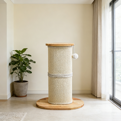 Modern Minimalist Cylindrical Sisal Teddy Fleece Rubberwood Plywood Cat Scratching Post Toy Ball For Living Room