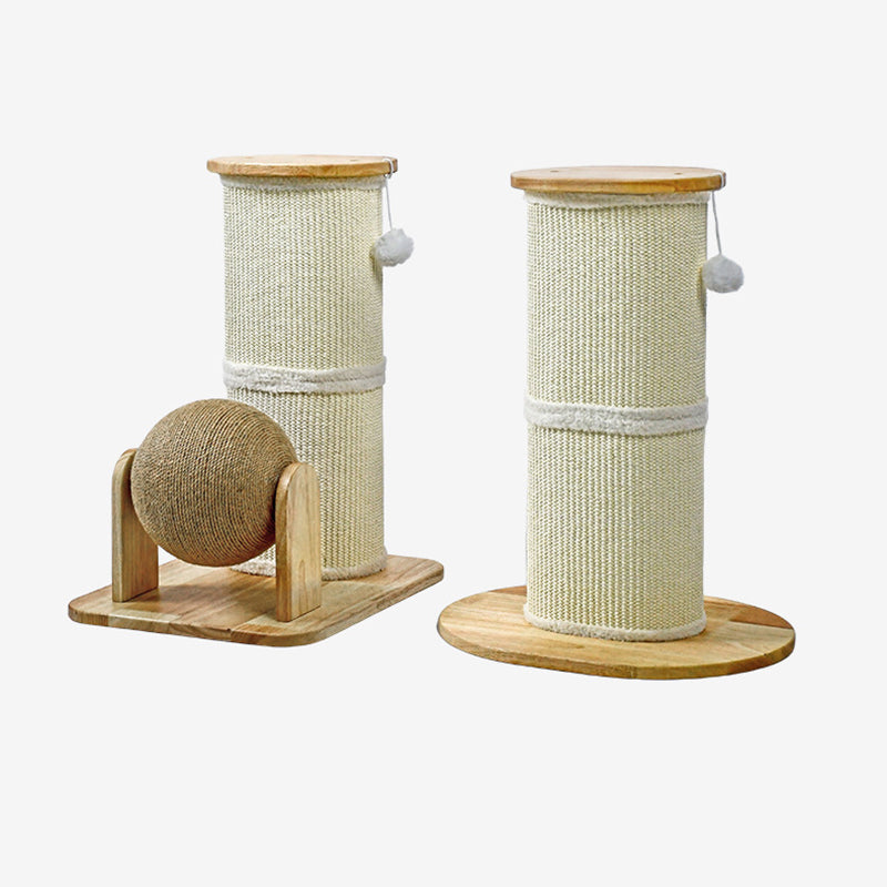 Modern Minimalist Cylindrical Sisal Teddy Fleece Rubberwood Plywood Cat Scratching Post Toy Ball For Living Room