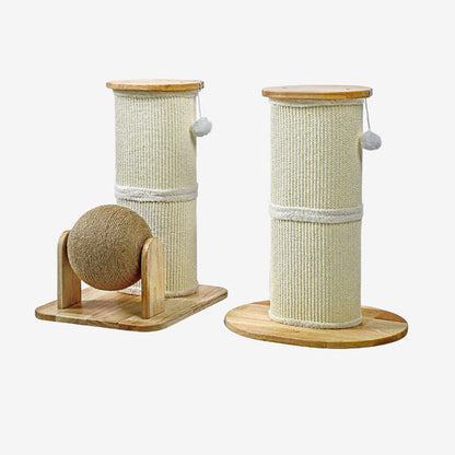 Modern Minimalist Cylindrical Sisal Teddy Fleece Rubberwood Plywood Cat Scratching Post Toy Ball For Living Room