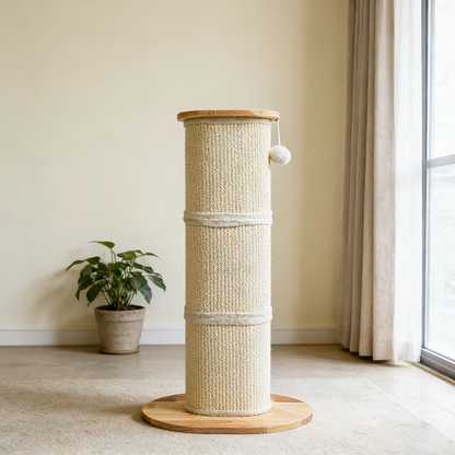 Modern Minimalist Cylindrical Sisal Teddy Fleece Rubberwood Plywood Cat Scratching Post Toy Ball For Living Room