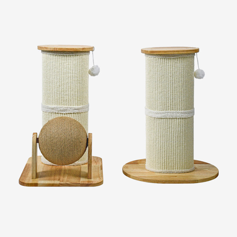 Modern Minimalist Cylindrical Sisal Teddy Fleece Rubberwood Plywood Cat Scratching Post Toy Ball For Living Room