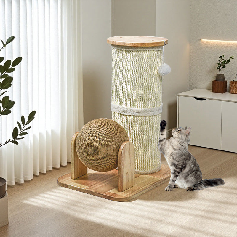 Modern Minimalist Cylindrical Sisal Teddy Fleece Rubberwood Plywood Cat Scratching Post Toy Ball For Living Room