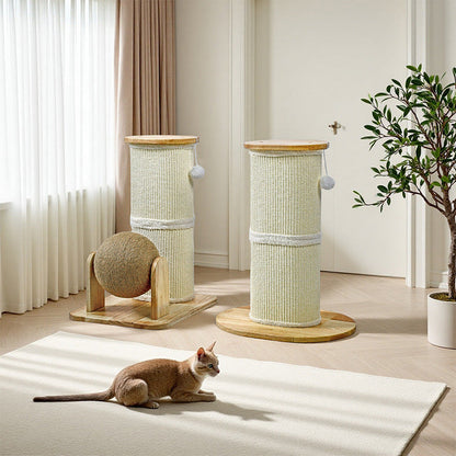 Modern Minimalist Cylindrical Sisal Teddy Fleece Rubberwood Plywood Cat Scratching Post Toy Ball For Living Room
