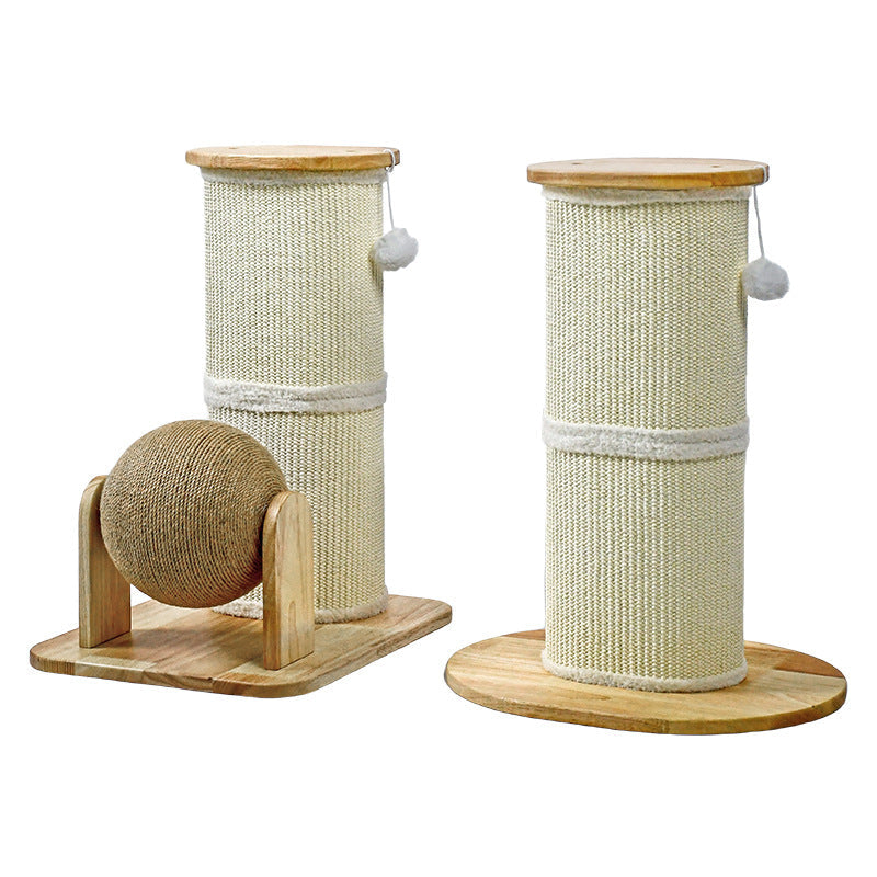 Modern Minimalist Cylindrical Sisal Teddy Fleece Rubberwood Plywood Cat Scratching Post Toy Ball For Living Room
