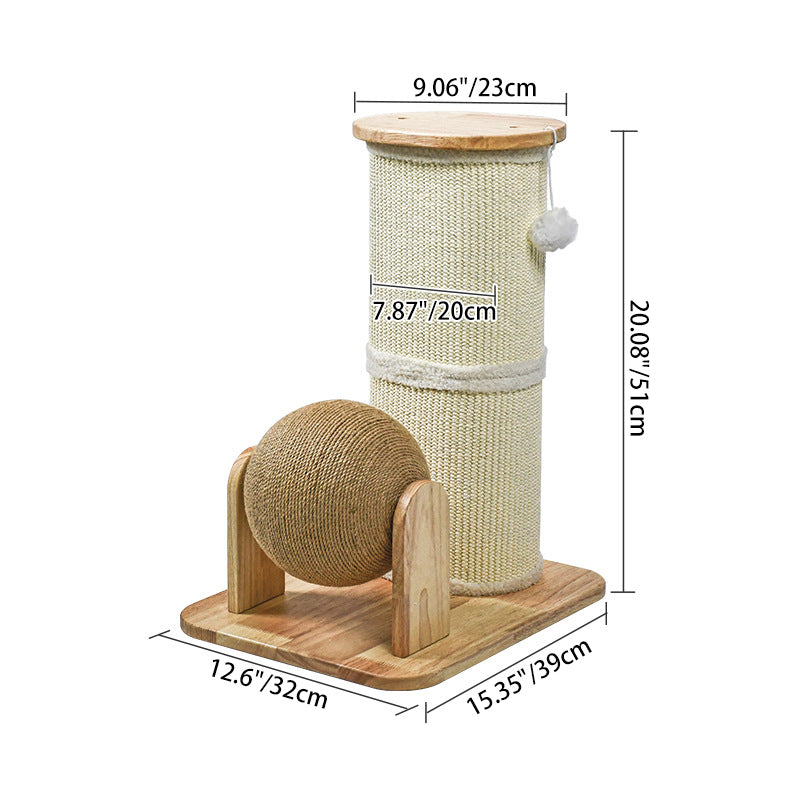 Modern Minimalist Cylindrical Sisal Teddy Fleece Rubberwood Plywood Cat Scratching Post Toy Ball For Living Room