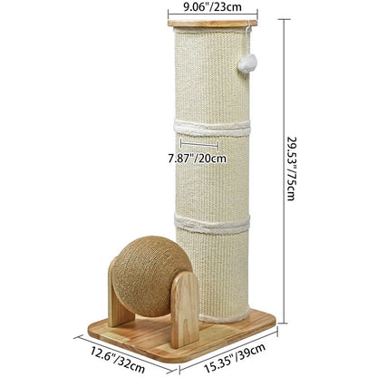 Modern Minimalist Cylindrical Sisal Teddy Fleece Rubberwood Plywood Cat Scratching Post Toy Ball For Living Room