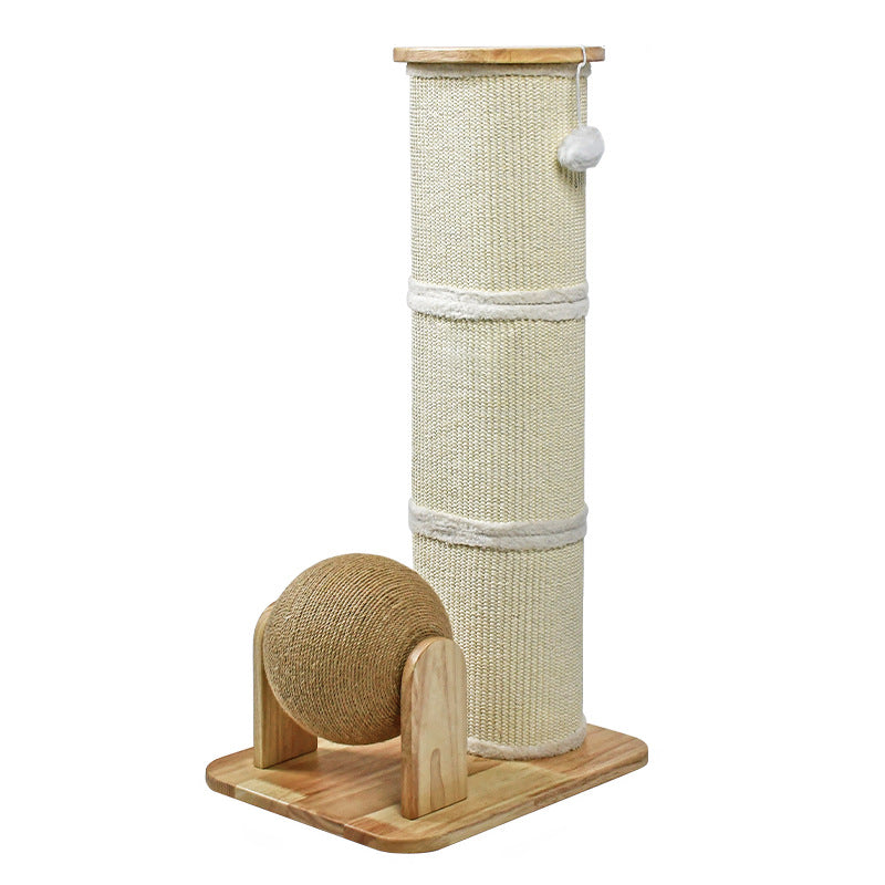 Modern Minimalist Cylindrical Sisal Teddy Fleece Rubberwood Plywood Cat Scratching Post Toy Ball For Living Room