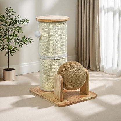 Modern Minimalist Cylindrical Sisal Teddy Fleece Rubberwood Plywood Cat Scratching Post Toy Ball For Living Room