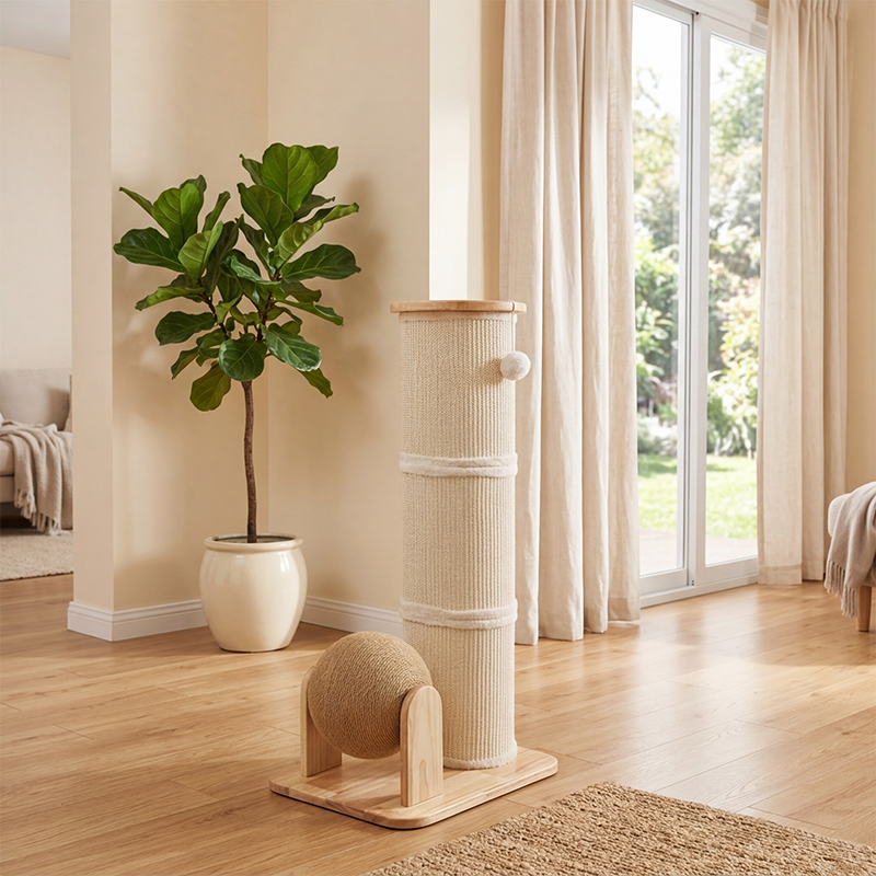 Modern Minimalist Cylindrical Sisal Teddy Fleece Rubberwood Plywood Cat Scratching Post Toy Ball For Living Room