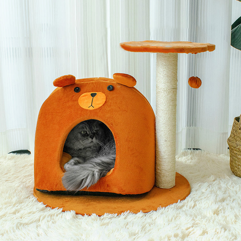 Contemporary Creative Teddy Bear-Shaped Honey Pot Velvet Sisal Sponge Paper Tube Cat Tree & Condo 1-Perch For Living Room