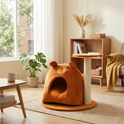 Contemporary Creative Teddy Bear-Shaped Honey Pot Velvet Sisal Sponge Paper Tube Cat Tree & Condo 1-Perch For Living Room
