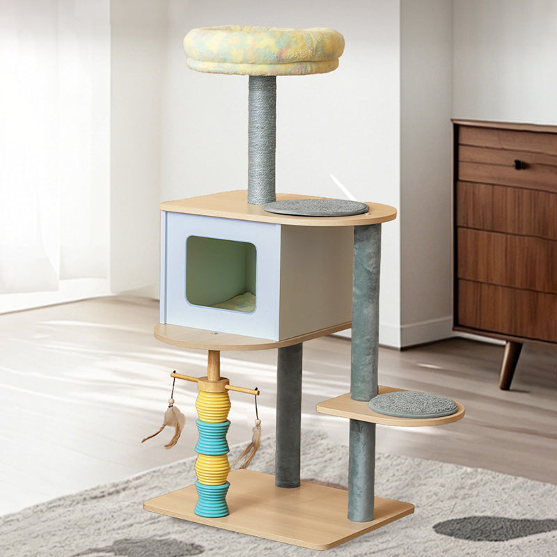 Contemporary Nordic Rectangular Cylindrical Particle Board Paper Tube Sisal Sherpa Fabric Velvet Cat Tree & Condo 2-Condo For Living Room