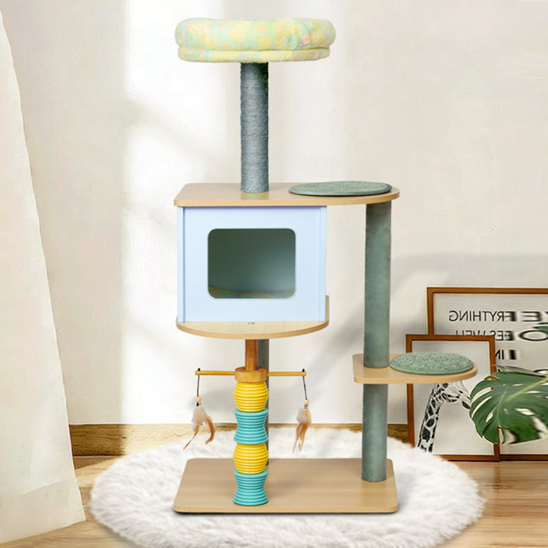 Contemporary Nordic Rectangular Cylindrical Particle Board Paper Tube Sisal Sherpa Fabric Velvet Cat Tree & Condo 2-Condo For Living Room