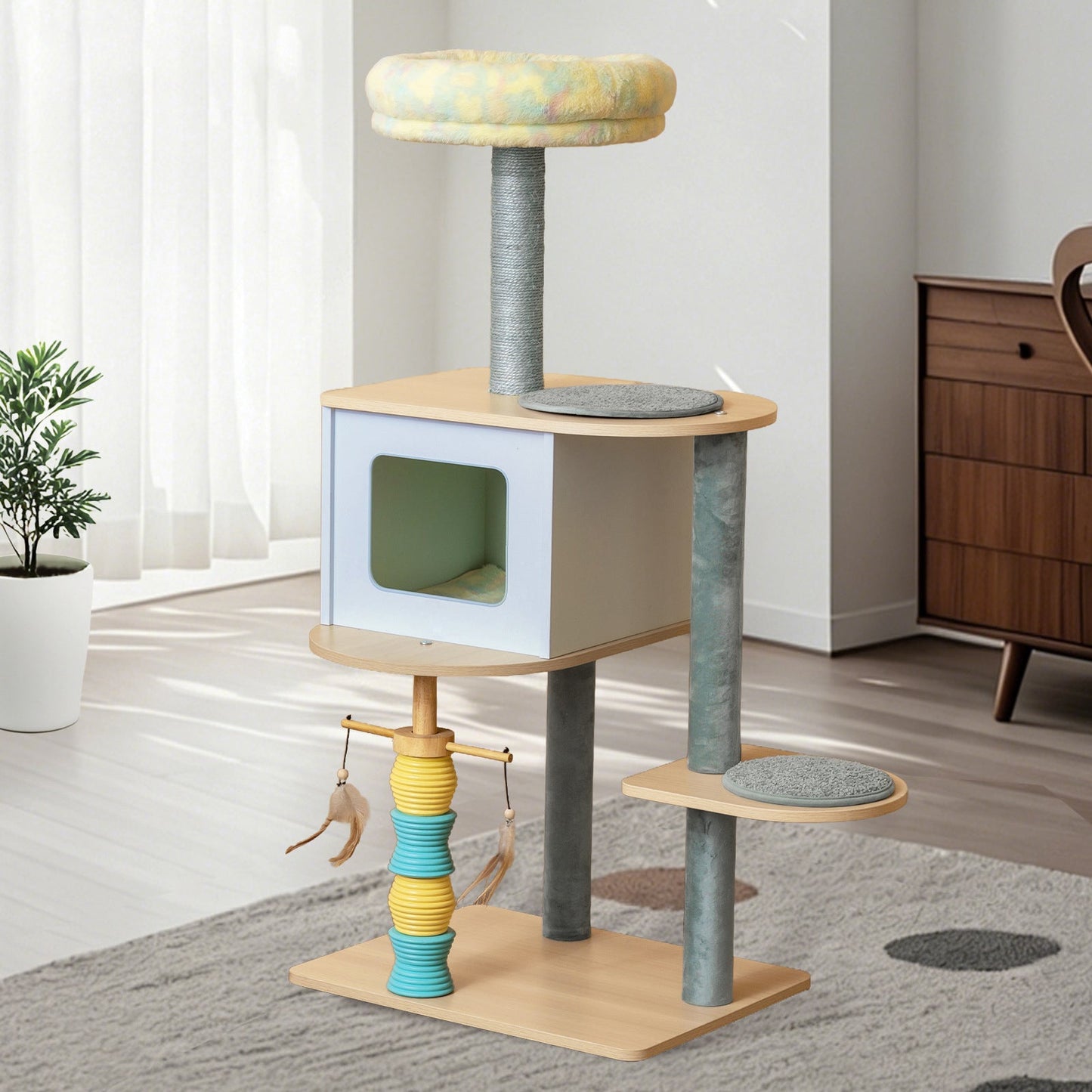 Contemporary Nordic Rectangular Cylindrical Particle Board Paper Tube Sisal Sherpa Fabric Velvet Cat Tree & Condo 2-Condo For Living Room