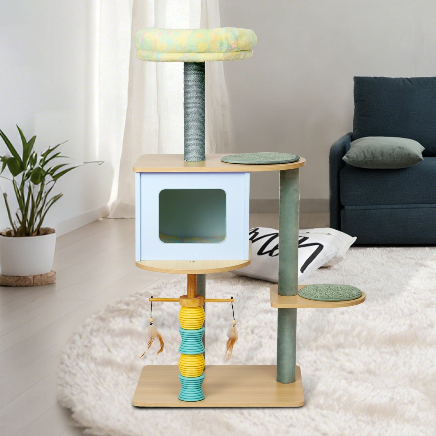 Contemporary Nordic Rectangular Cylindrical Particle Board Paper Tube Sisal Sherpa Fabric Velvet Cat Tree & Condo 2-Condo For Living Room