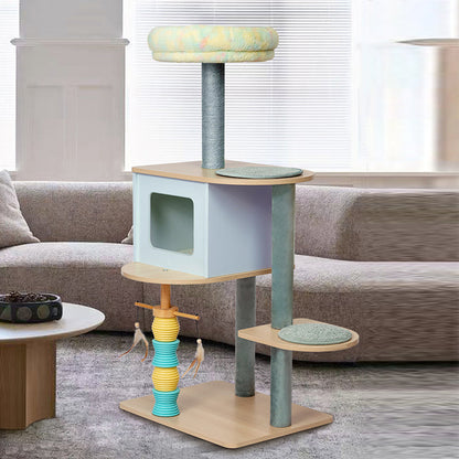 Contemporary Nordic Rectangular Cylindrical Particle Board Paper Tube Sisal Sherpa Fabric Velvet Cat Tree & Condo 2-Condo For Living Room