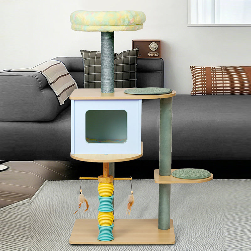 Contemporary Nordic Rectangular Cylindrical Particle Board Paper Tube Sisal Sherpa Fabric Velvet Cat Tree & Condo 2-Condo For Living Room