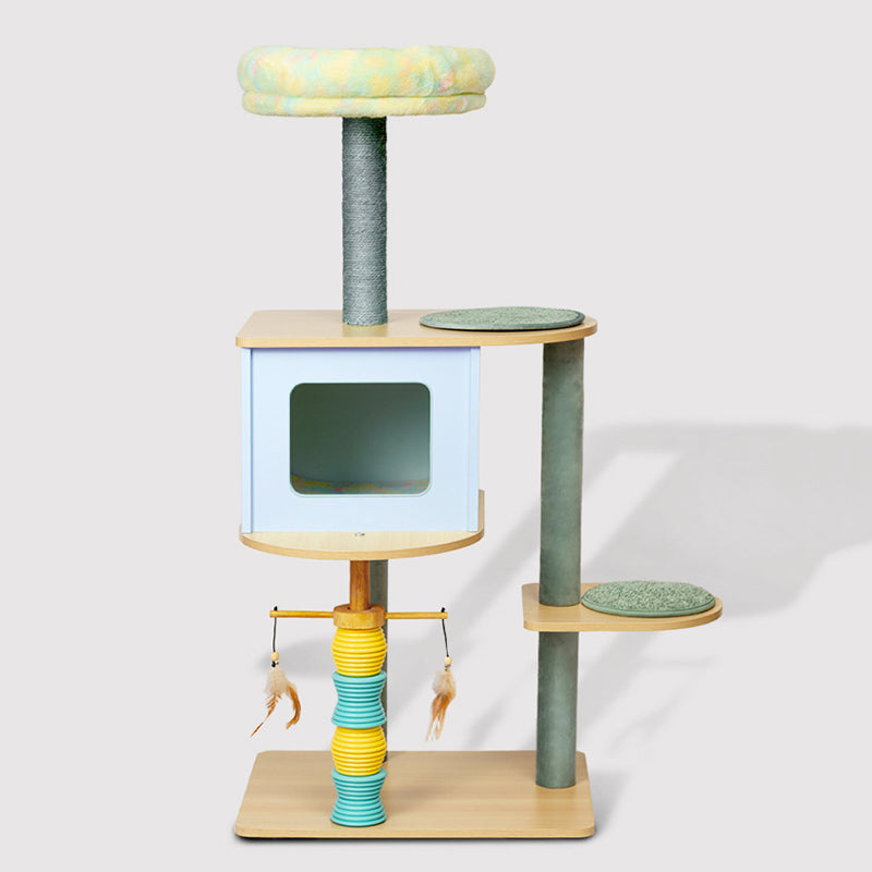 Contemporary Nordic Rectangular Cylindrical Particle Board Paper Tube Sisal Sherpa Fabric Velvet Cat Tree & Condo 2-Condo For Living Room