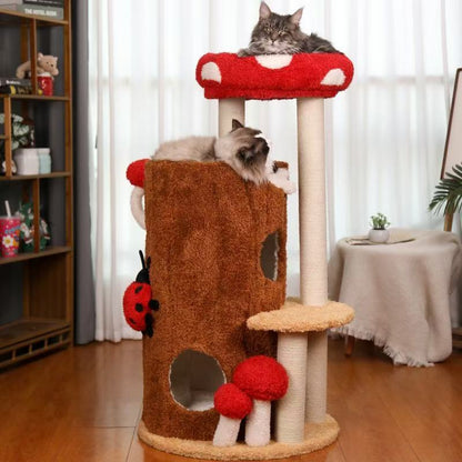 Contemporary Creative Cylindrical Tree House Pine Wood Teddy Fleece Sisal Cat Tree & Condo 2-Condo For Living Room