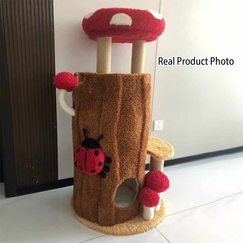 Contemporary Creative Cylindrical Tree House Pine Wood Teddy Fleece Sisal Cat Tree & Condo 2-Condo For Living Room