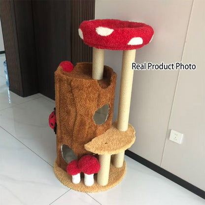 Contemporary Creative Cylindrical Tree House Pine Wood Teddy Fleece Sisal Cat Tree & Condo 2-Condo For Living Room