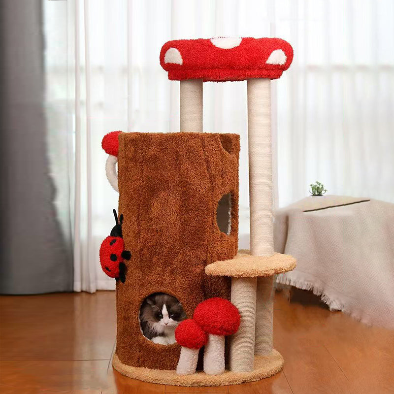 Contemporary Creative Cylindrical Tree House Pine Wood Teddy Fleece Sisal Cat Tree & Condo 2-Condo For Living Room