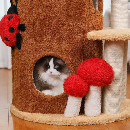 Contemporary Creative Cylindrical Tree House Pine Wood Teddy Fleece Sisal Cat Tree & Condo 2-Condo For Living Room