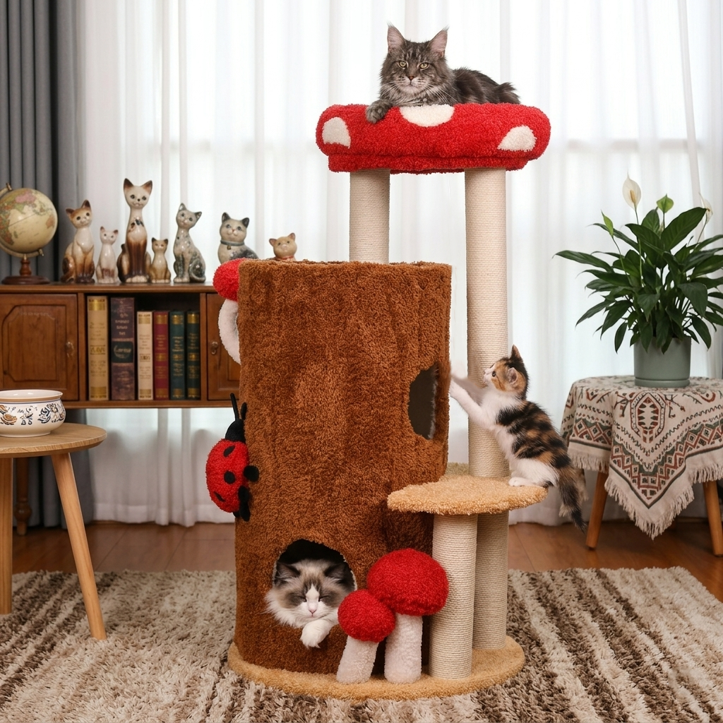 Contemporary Creative Cylindrical Tree House Pine Wood Teddy Fleece Sisal Cat Tree & Condo 2-Condo For Living Room