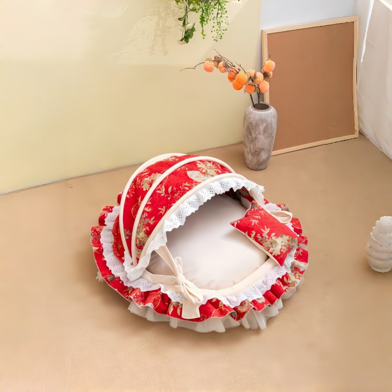 Traditional French Round PP Velvet Chenille Fabric Cat Bed & Dog Bed Foldable Shelter For Living Room