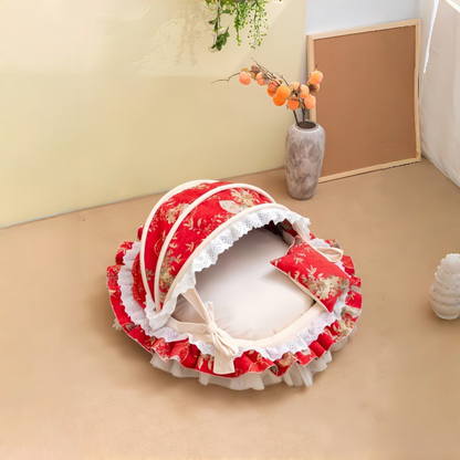 Traditional French Round PP Velvet Chenille Fabric Cat Bed & Dog Bed Foldable Shelter For Living Room