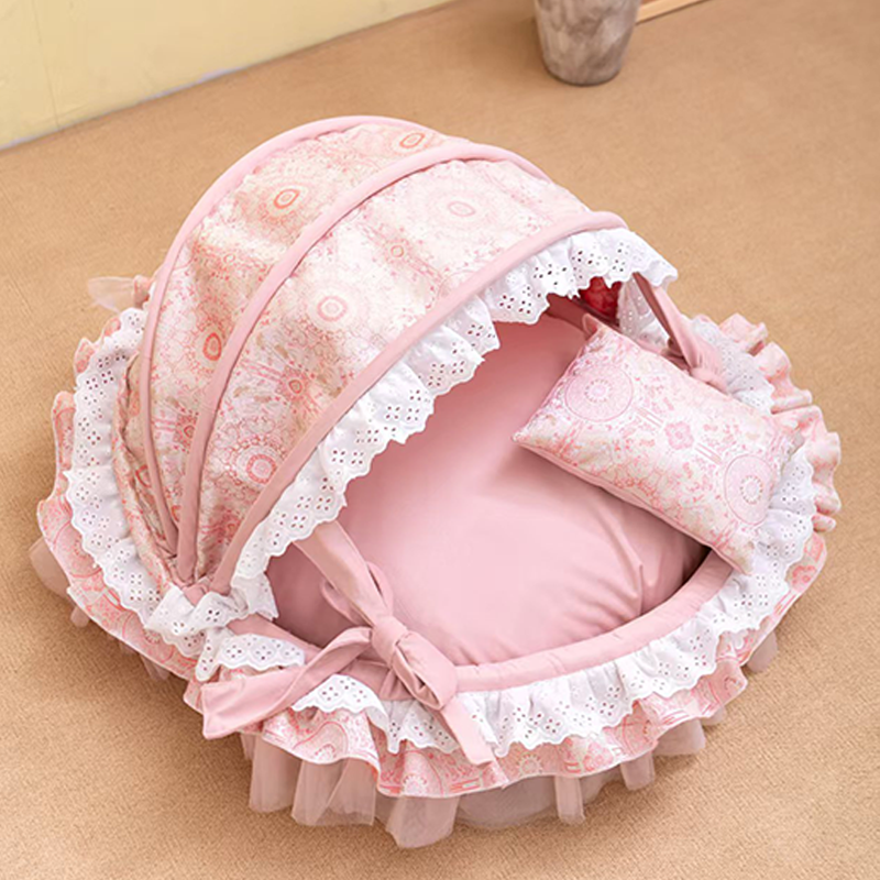 Traditional French Round PP Velvet Chenille Fabric Cat Bed & Dog Bed Foldable Shelter For Living Room