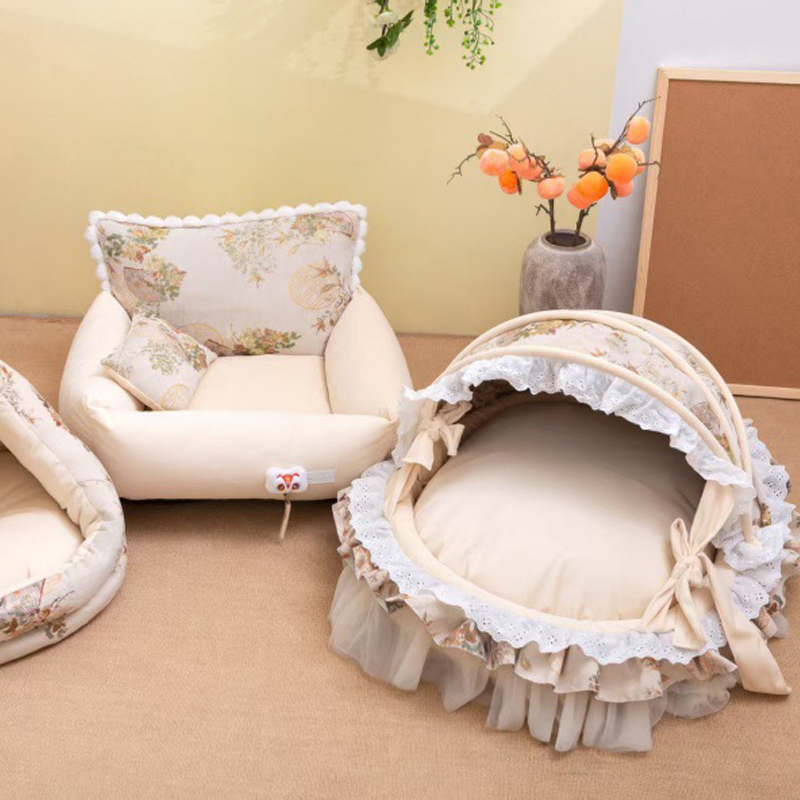 Traditional French Round PP Velvet Chenille Fabric Cat Bed & Dog Bed Foldable Shelter For Living Room