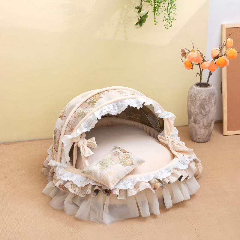 Traditional French Round PP Velvet Chenille Fabric Cat Bed & Dog Bed Foldable Shelter For Living Room