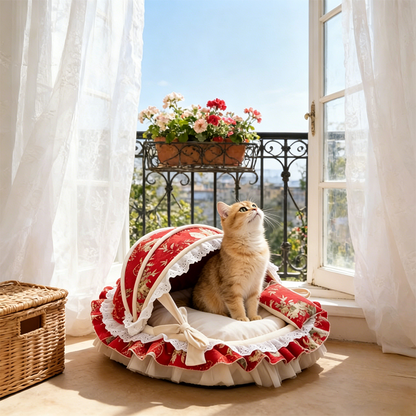 Traditional French Round PP Velvet Chenille Fabric Cat Bed & Dog Bed Foldable Shelter For Living Room