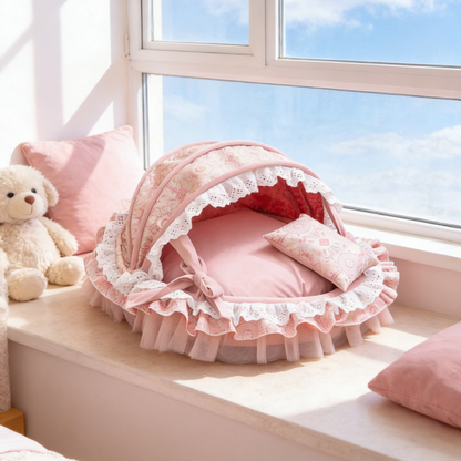 Traditional French Round PP Velvet Chenille Fabric Cat Bed & Dog Bed Foldable Shelter For Living Room
