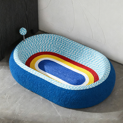 Contemporary Creative Round Oval Kraft Paper Teddy Fleece Cat Bed With Toy Ball For Bedroom