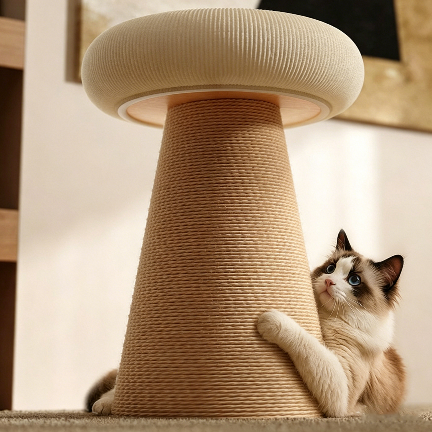 Contemporary Nordic Cone-Shaped Cylindrical Round Corduroy Hemp Rope Plywood Cat Tree & Condo 1 - Condo For Living Room