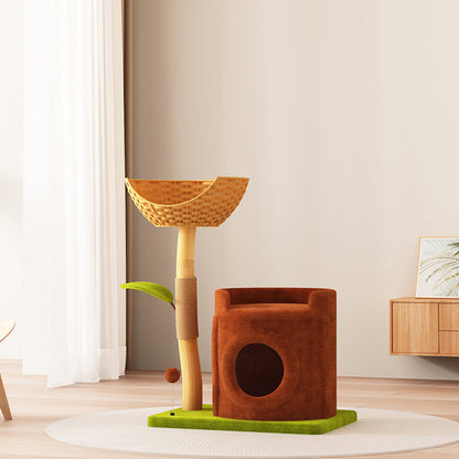 Contemporary Creative Rectangular Cylindrical Tree-Shaped Medium Density Fiberboard Wooden Velvet Sisal Plastic Cat Tree & Condo 1-Scratching Post 2-Condo For Living Room