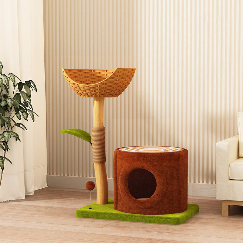 Contemporary Creative Rectangular Cylindrical Tree-Shaped Medium Density Fiberboard Wooden Velvet Sisal Plastic Cat Tree & Condo 1-Scratching Post 2-Condo For Living Room
