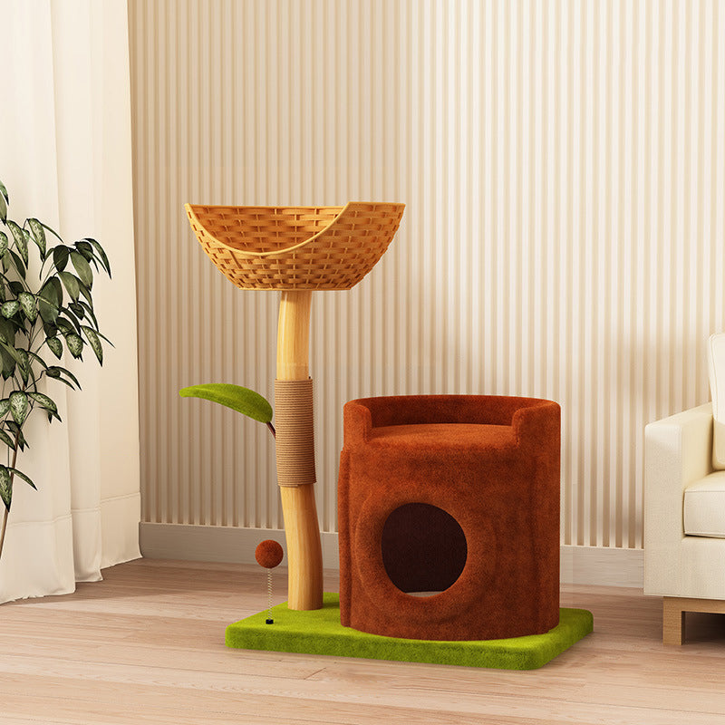 Contemporary Creative Rectangular Cylindrical Tree-Shaped Medium Density Fiberboard Wooden Velvet Sisal Plastic Cat Tree & Condo 1-Scratching Post 2-Condo For Living Room