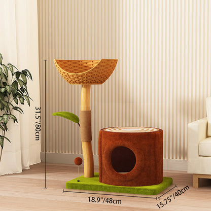Contemporary Creative Rectangular Cylindrical Tree-Shaped Medium Density Fiberboard Wooden Velvet Sisal Plastic Cat Tree & Condo 1-Scratching Post 2-Condo For Living Room